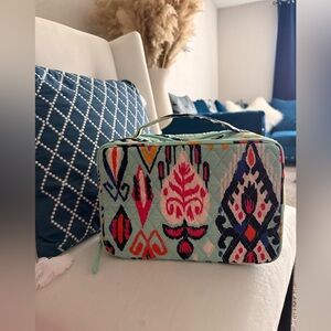 Vera Bradley Mint Ikat Quilted Cosmetic Pouch with Pink and Orange Accents